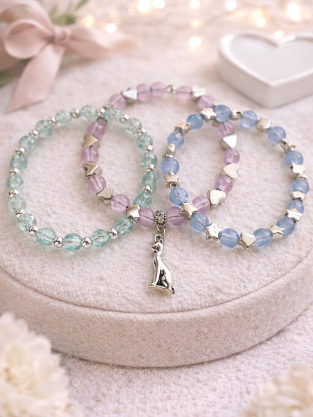 Handmade Pastel Beaded Bracelet Set • Cat Charm • Hearts & Stars